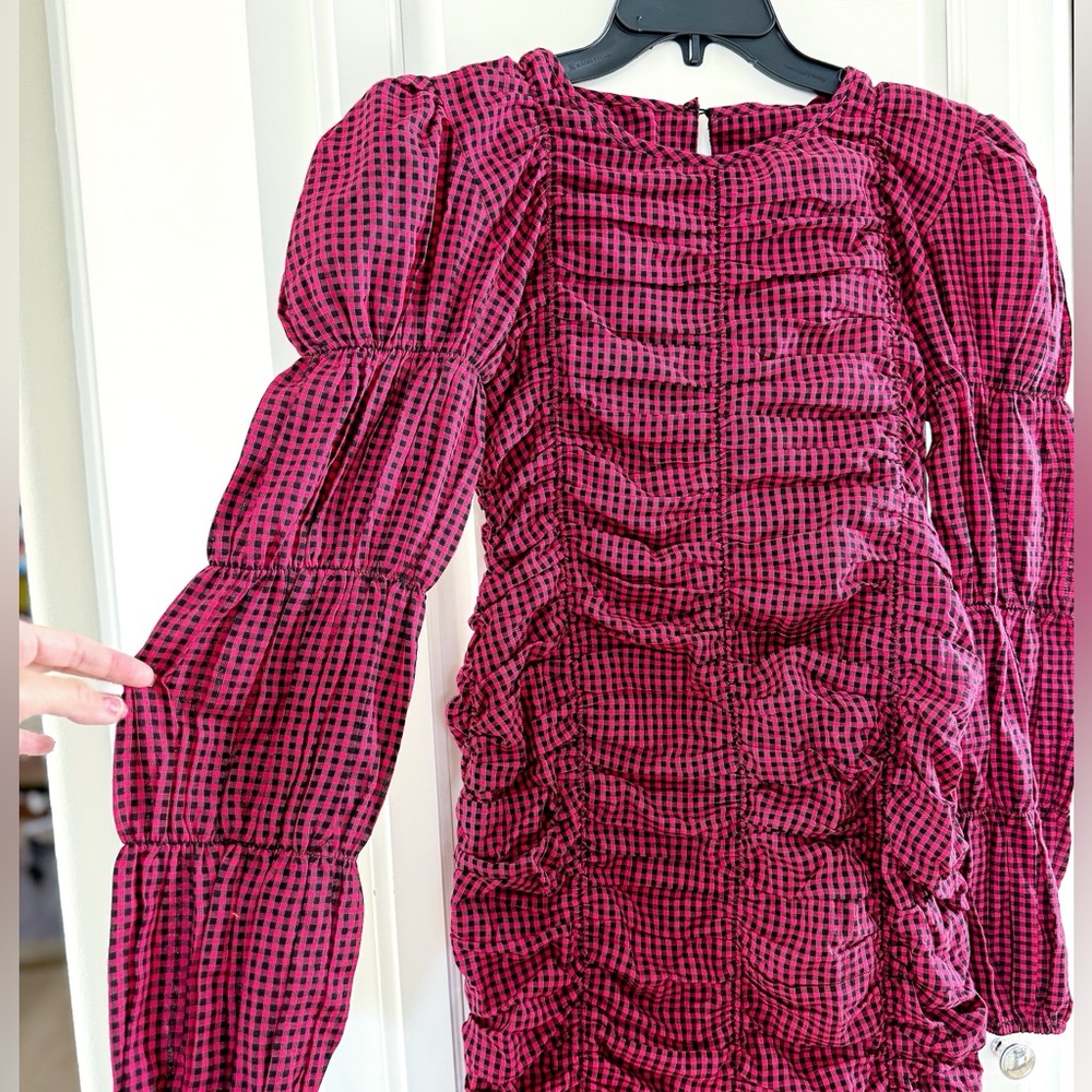 New NASTY-GAL Gingham Ruched Puff Sleeve Mini Dress - Picture 8 of 12